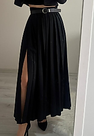 Piliseli Yan Yırtmaçlı Kemerli Etek